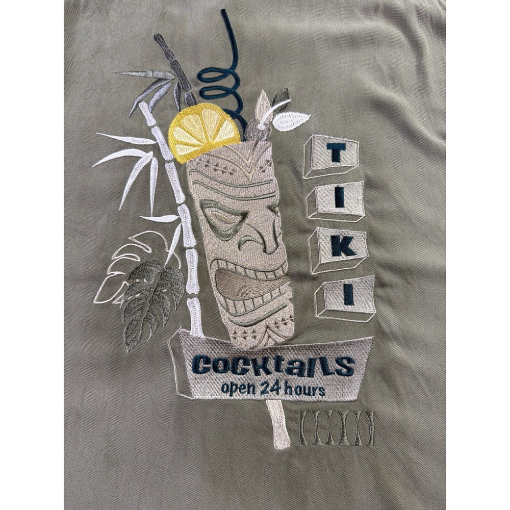 Caribbean Tiki Cocktail bar Embroidered Silk Blend Hawaiian Camp Shirt Mens L